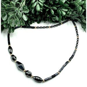 Vintage Black Hematite Beaded Necklace With Silver-Tone Accents and Clasp